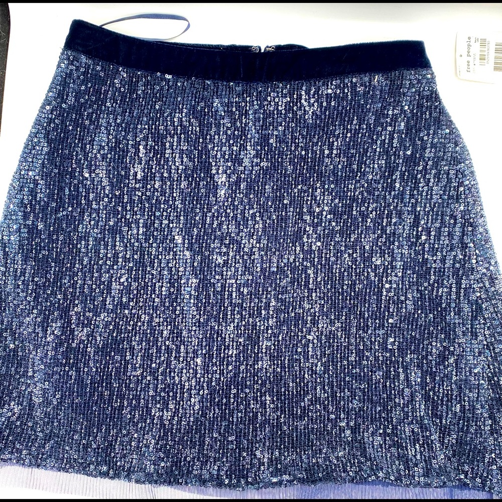 Free People Navy Blue Wild Child Sparkle Sequins Mini Skirt Mesh Trim NWT 8 NYE